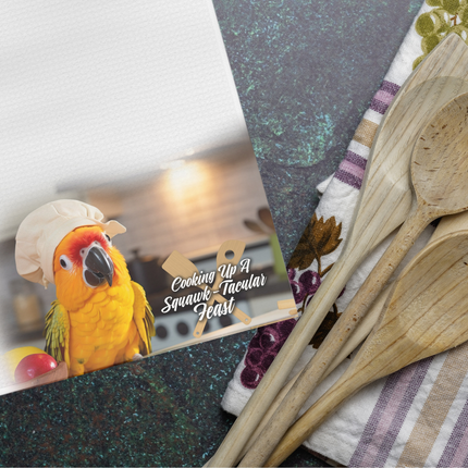 Sun Conure design tea towel draped over kitchen counter