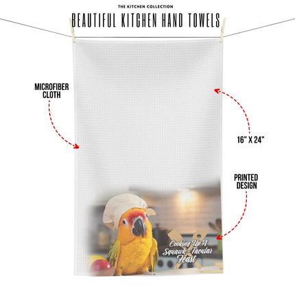 Bright Sun Conure bird on tropical themed tea towel