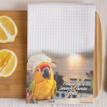 Colorful Sun Conure bird illustration on quality tea towel